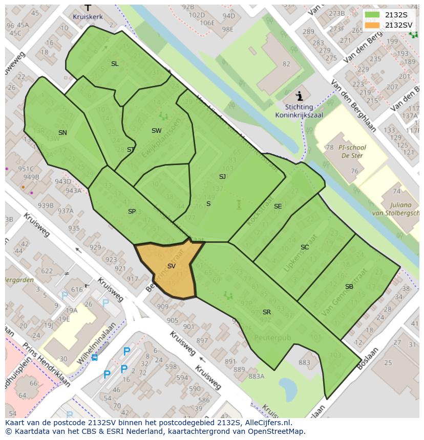 Afbeelding van het postcodegebied 2132 SV op de kaart.