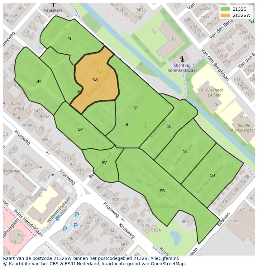 Afbeelding van het postcodegebied 2132 SW op de kaart.