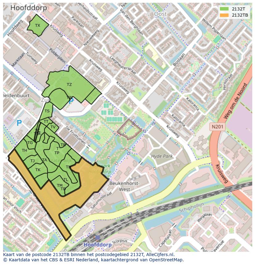 Afbeelding van het postcodegebied 2132 TB op de kaart.
