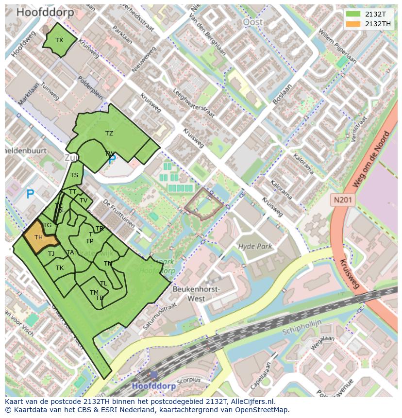 Afbeelding van het postcodegebied 2132 TH op de kaart.