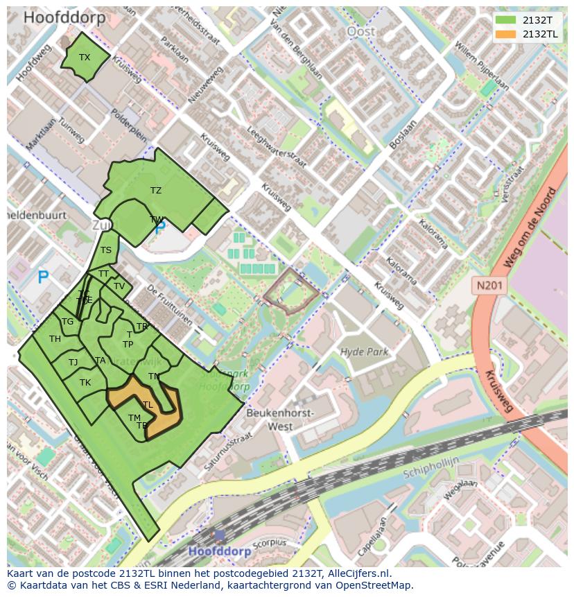 Afbeelding van het postcodegebied 2132 TL op de kaart.