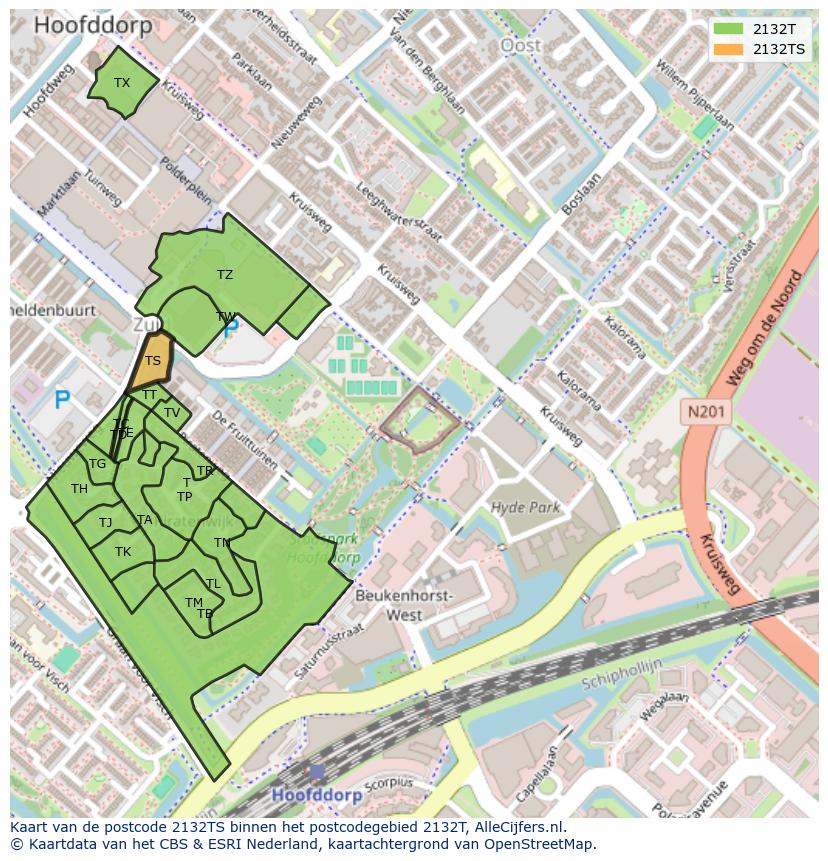 Afbeelding van het postcodegebied 2132 TS op de kaart.