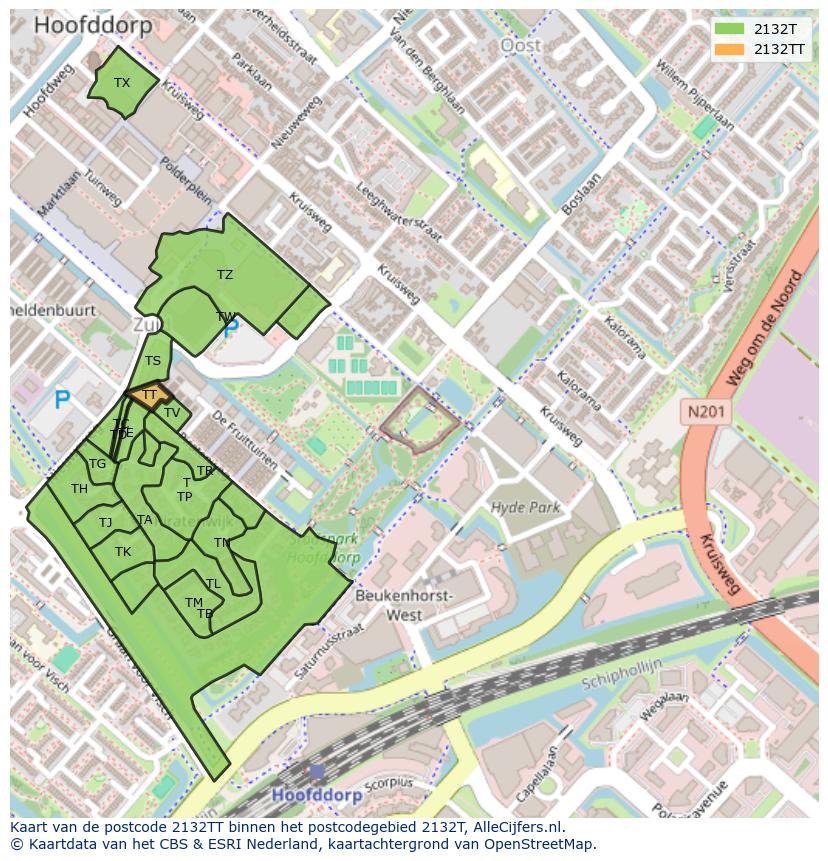 Afbeelding van het postcodegebied 2132 TT op de kaart.