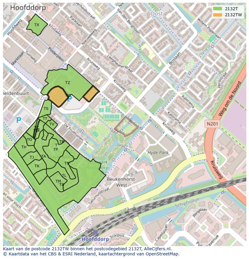 Afbeelding van het postcodegebied 2132 TW op de kaart.