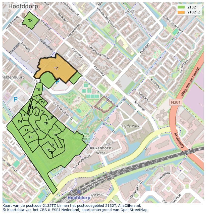 Afbeelding van het postcodegebied 2132 TZ op de kaart.