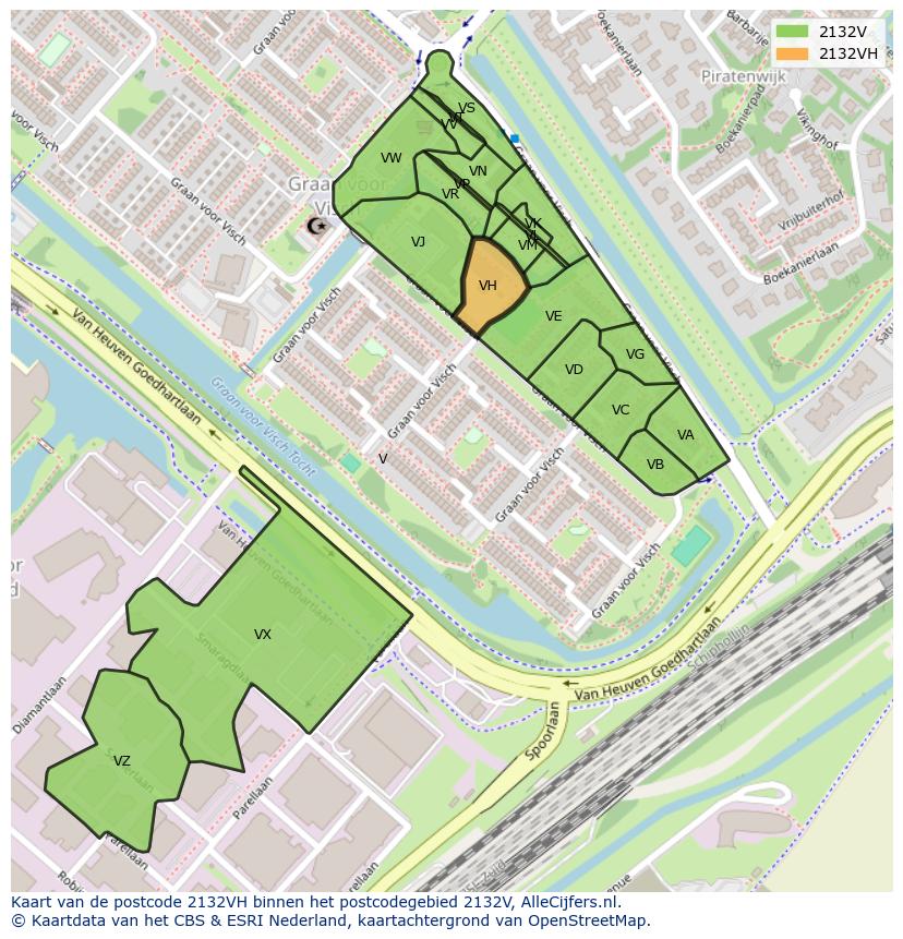 Afbeelding van het postcodegebied 2132 VH op de kaart.