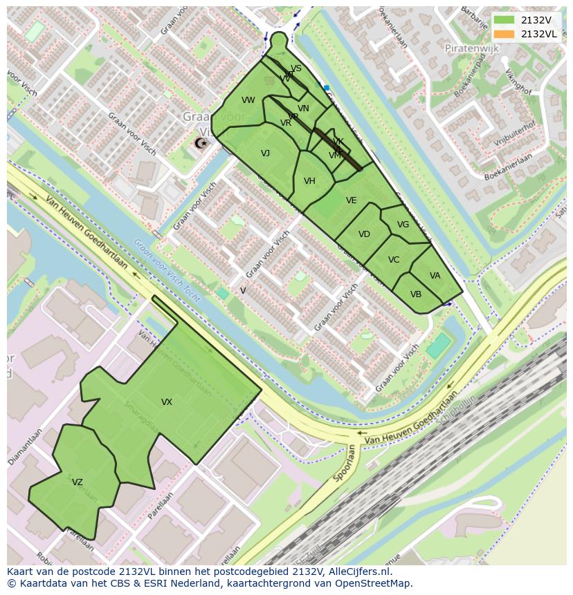 Afbeelding van het postcodegebied 2132 VL op de kaart.