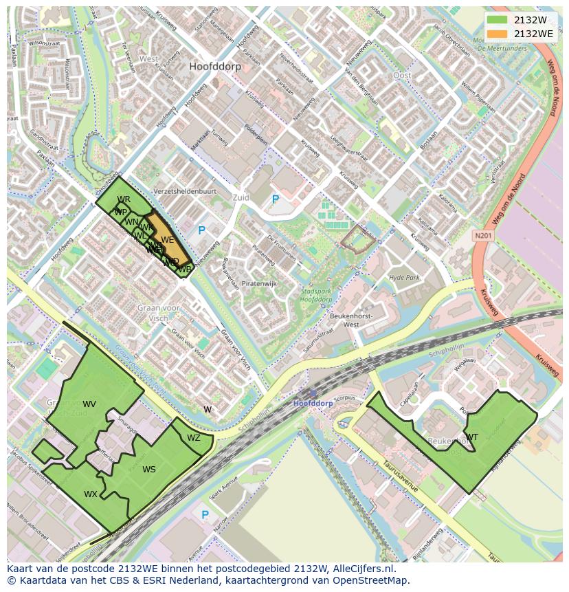 Afbeelding van het postcodegebied 2132 WE op de kaart.