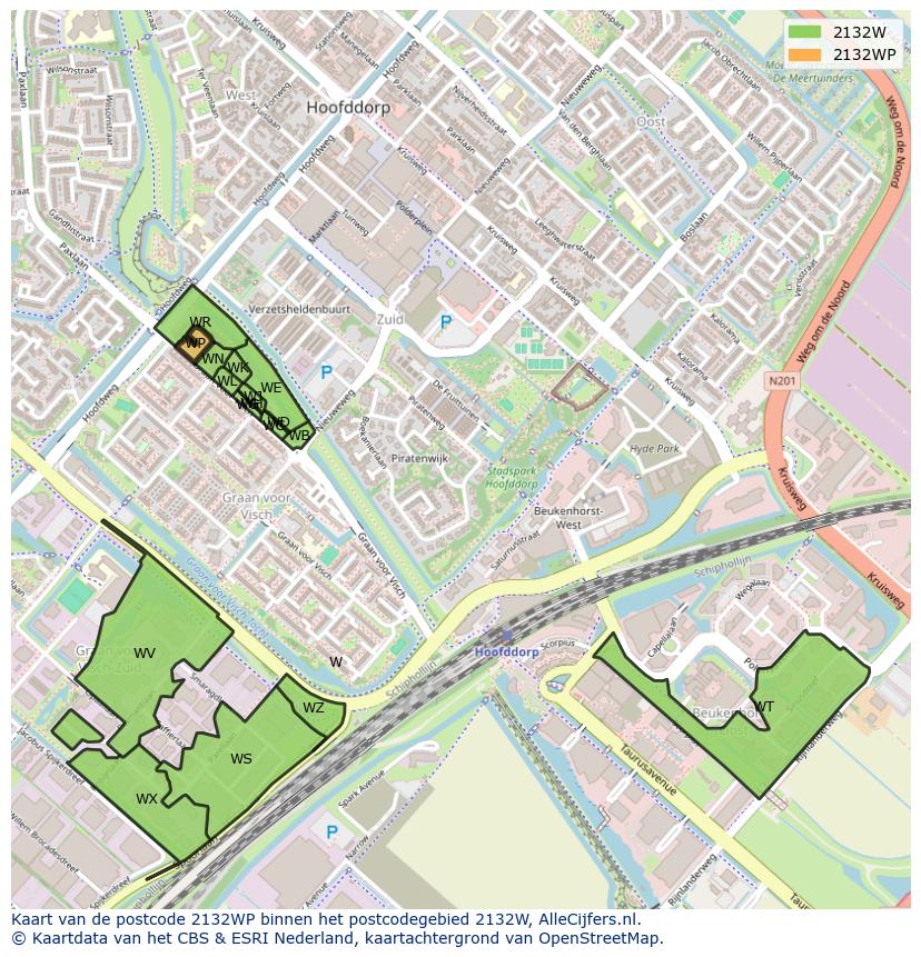 Afbeelding van het postcodegebied 2132 WP op de kaart.