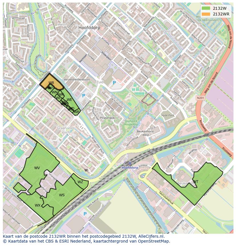 Afbeelding van het postcodegebied 2132 WR op de kaart.