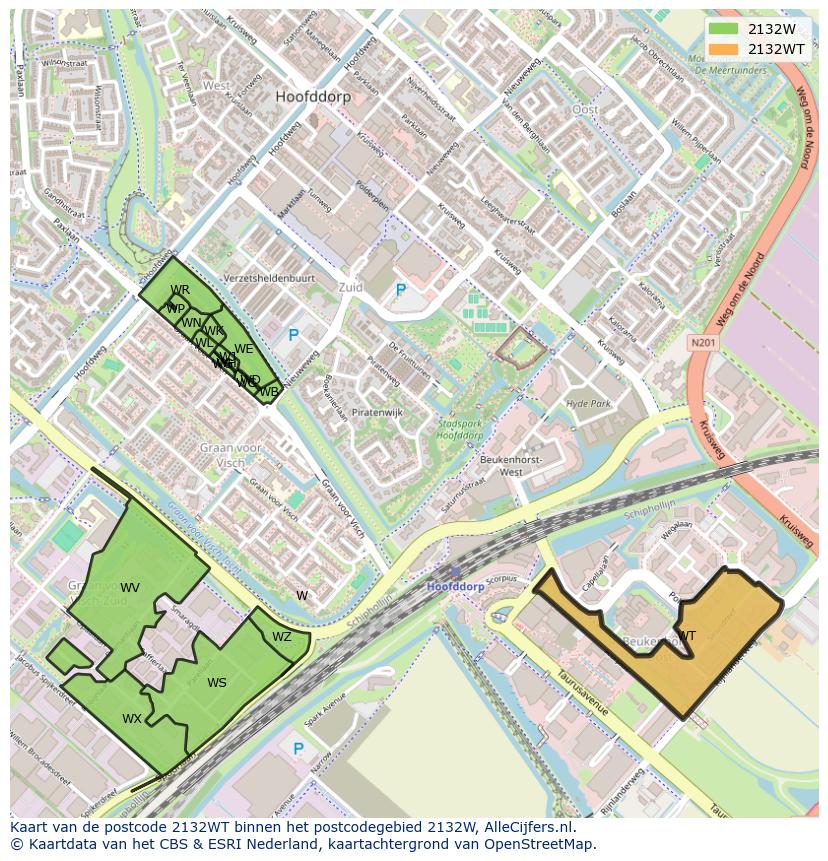 Afbeelding van het postcodegebied 2132 WT op de kaart.