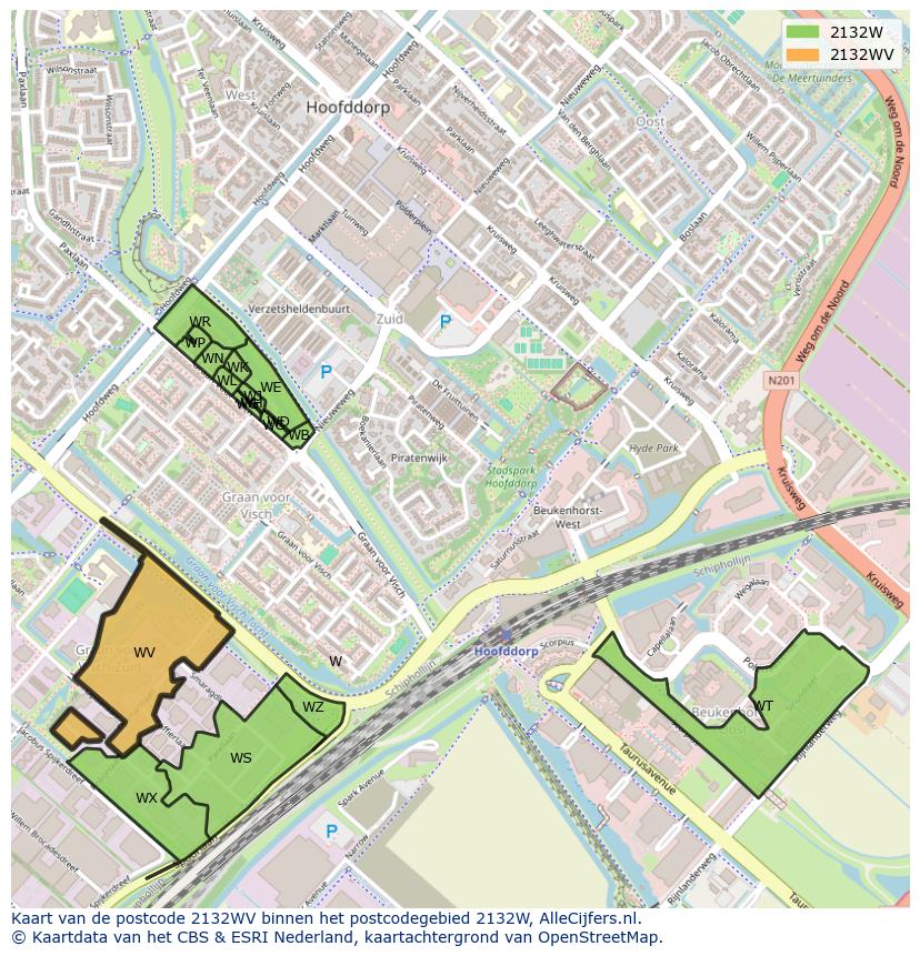 Afbeelding van het postcodegebied 2132 WV op de kaart.
