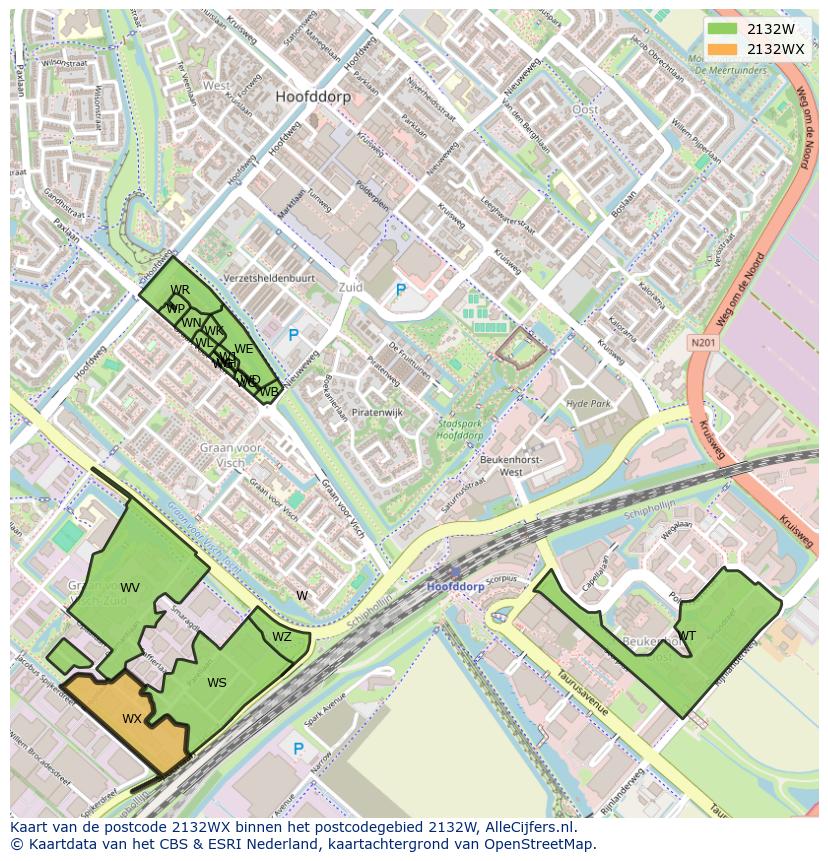 Afbeelding van het postcodegebied 2132 WX op de kaart.