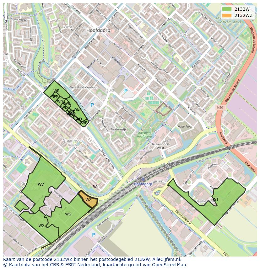 Afbeelding van het postcodegebied 2132 WZ op de kaart.