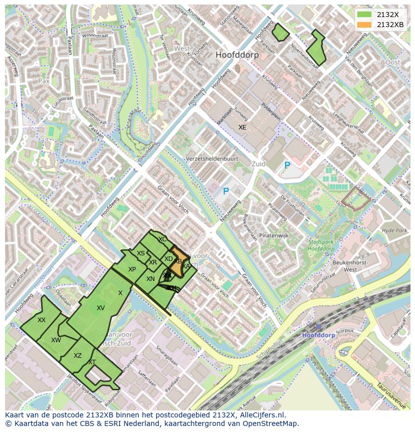 Afbeelding van het postcodegebied 2132 XB op de kaart.