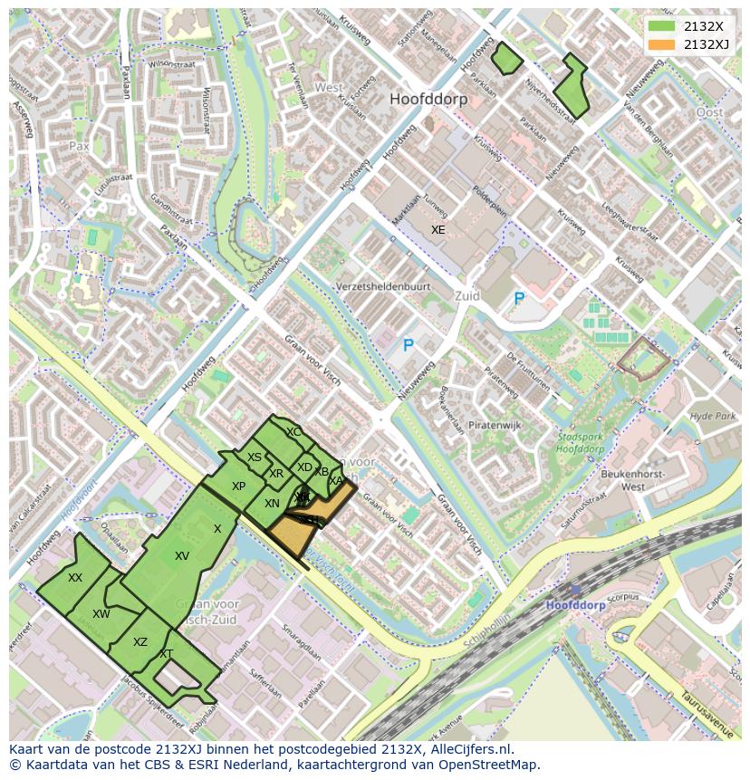 Afbeelding van het postcodegebied 2132 XJ op de kaart.