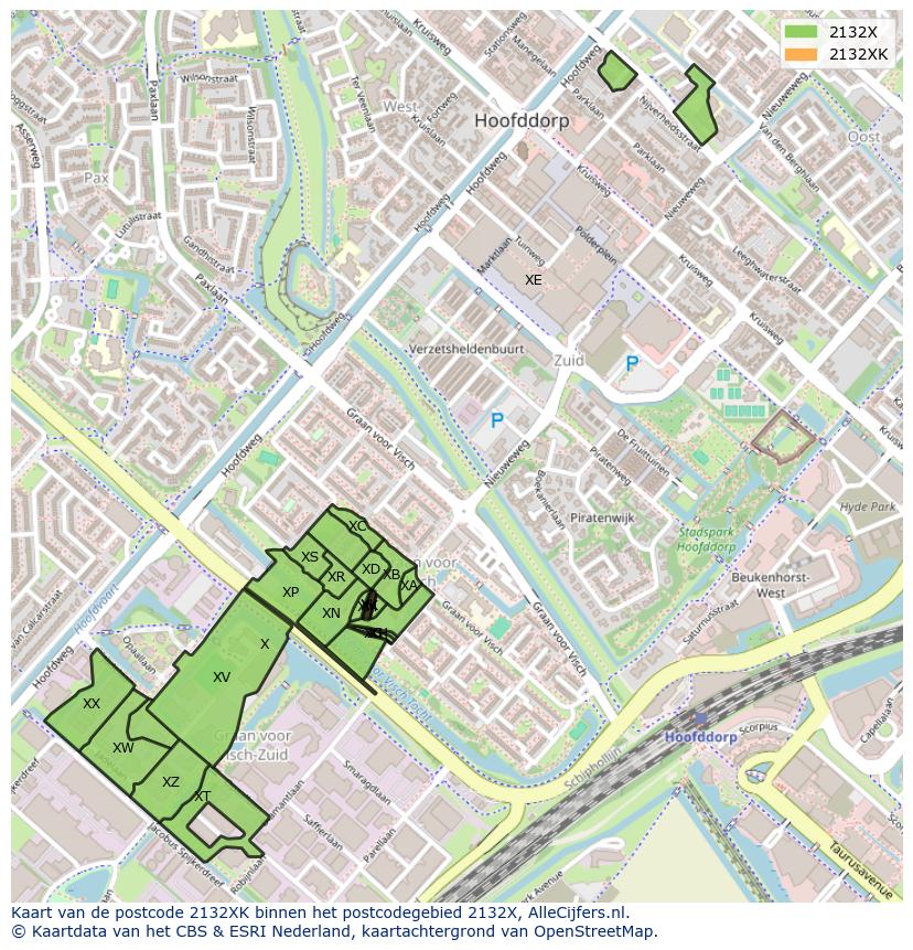 Afbeelding van het postcodegebied 2132 XK op de kaart.