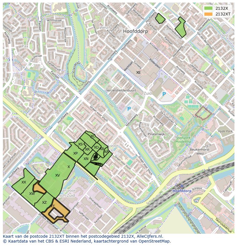 Afbeelding van het postcodegebied 2132 XT op de kaart.