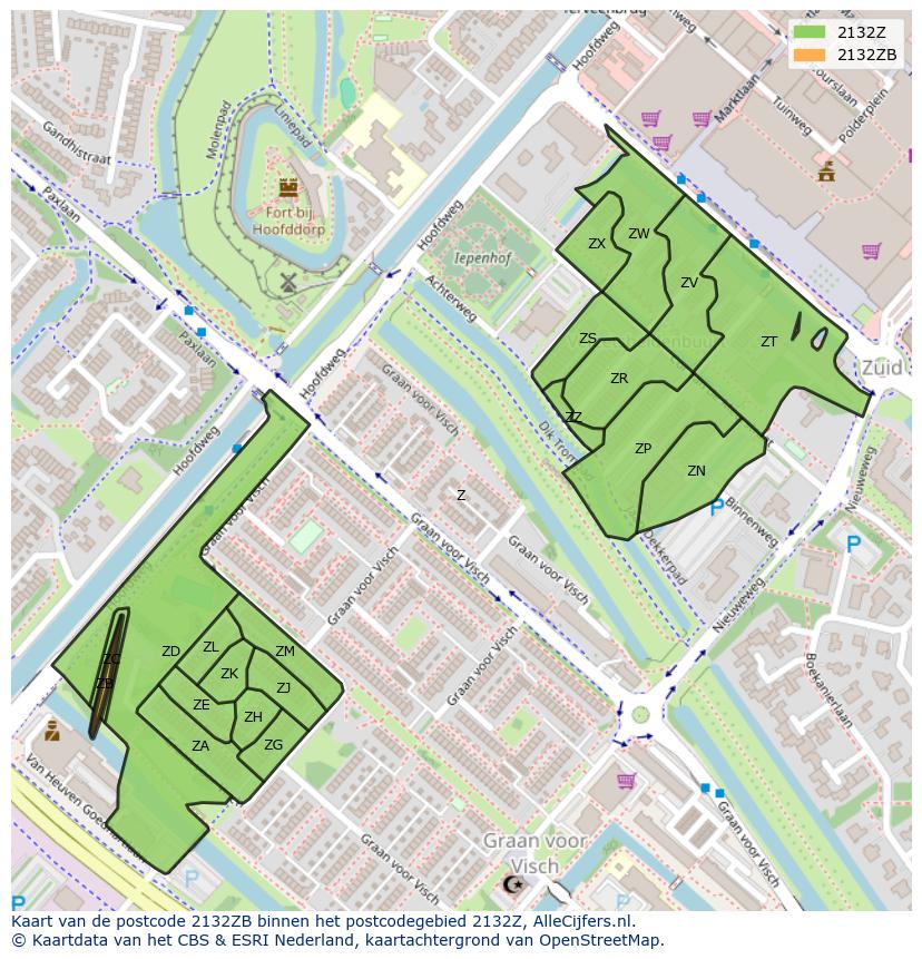 Afbeelding van het postcodegebied 2132 ZB op de kaart.