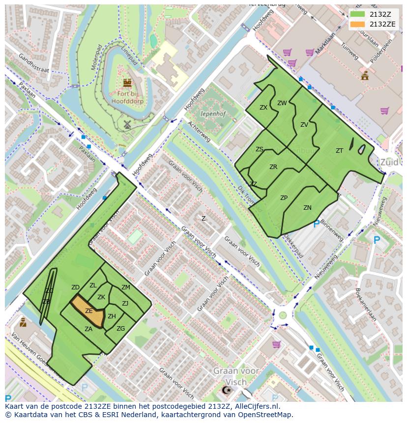 Afbeelding van het postcodegebied 2132 ZE op de kaart.
