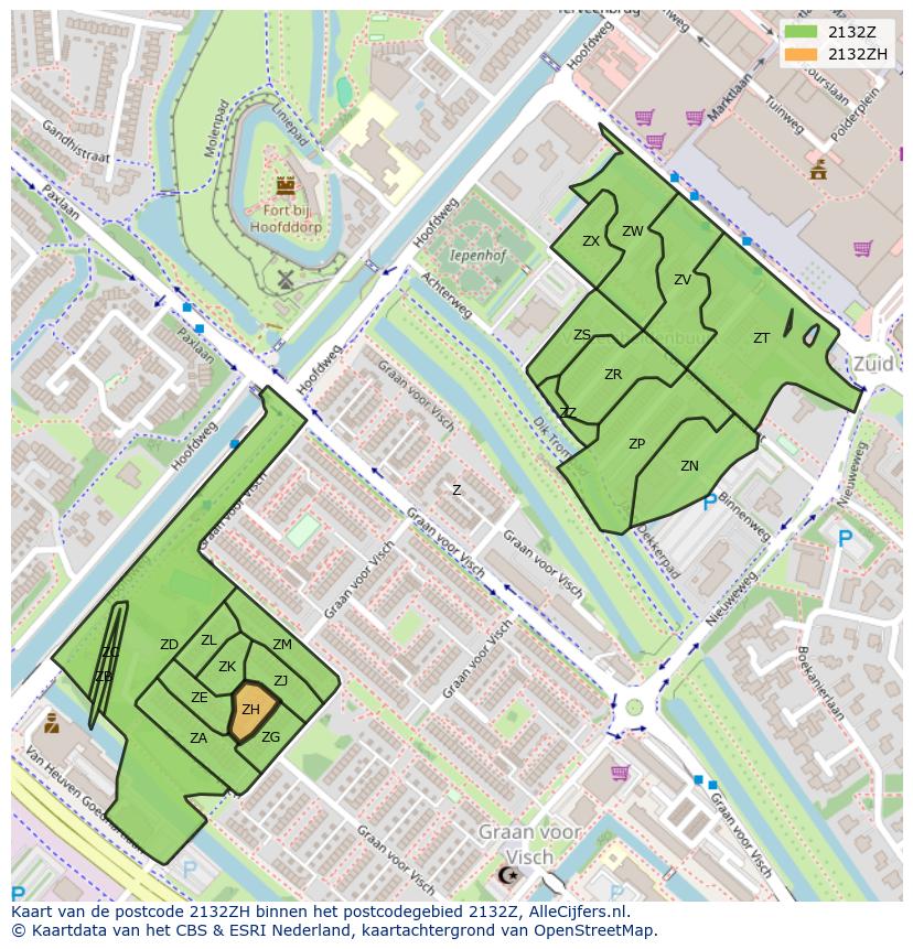 Afbeelding van het postcodegebied 2132 ZH op de kaart.