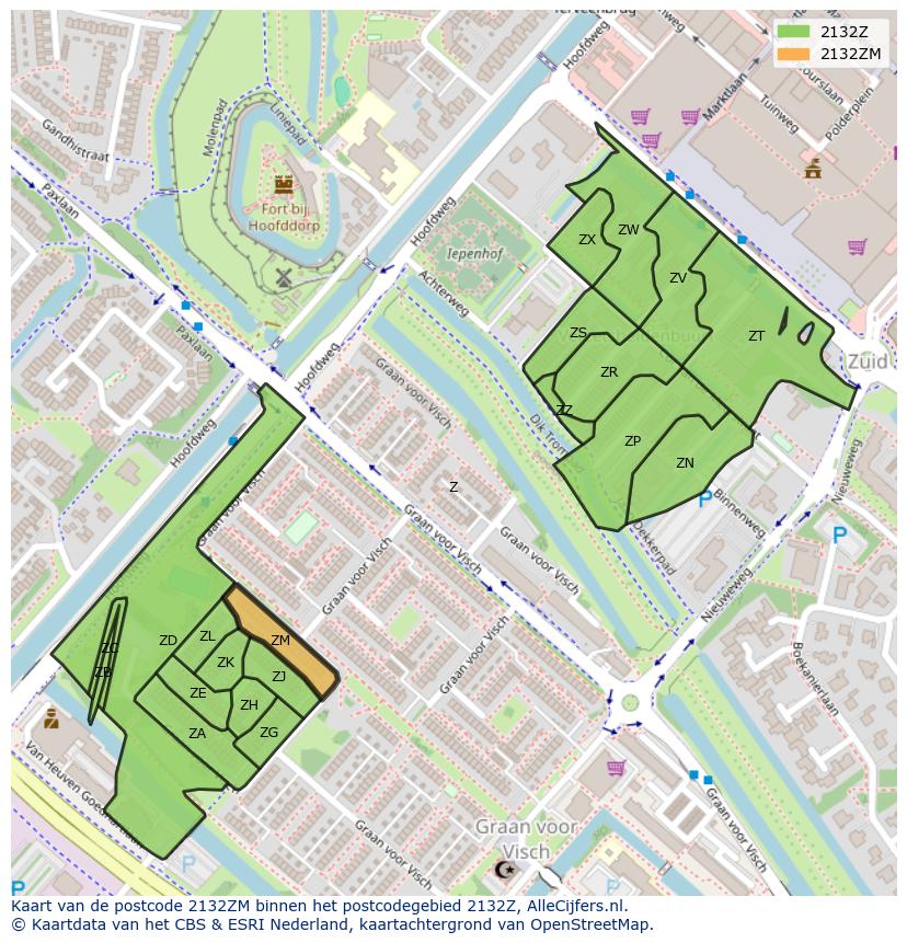 Afbeelding van het postcodegebied 2132 ZM op de kaart.