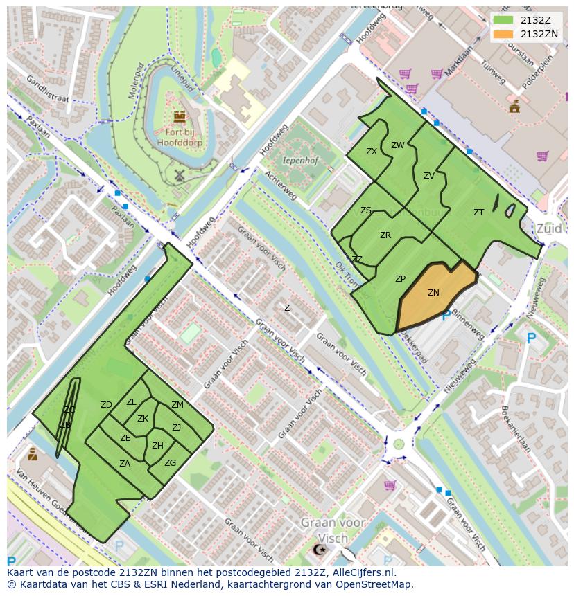 Afbeelding van het postcodegebied 2132 ZN op de kaart.
