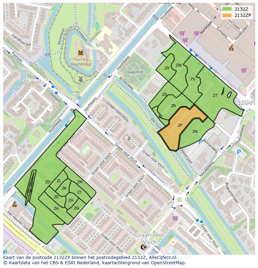 Afbeelding van het postcodegebied 2132 ZP op de kaart.
