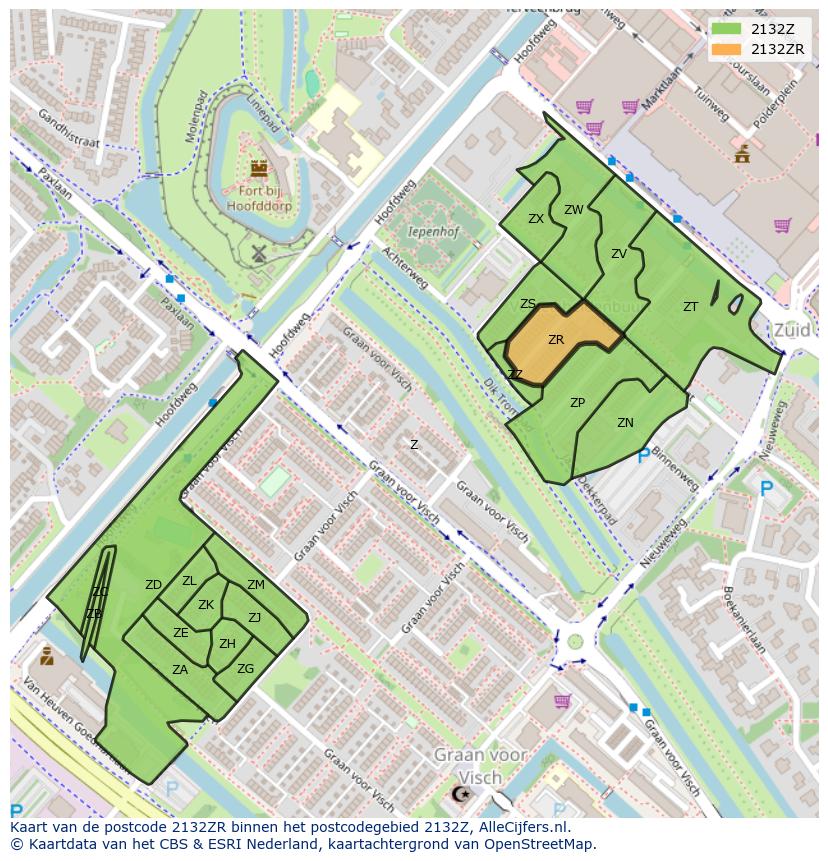 Afbeelding van het postcodegebied 2132 ZR op de kaart.