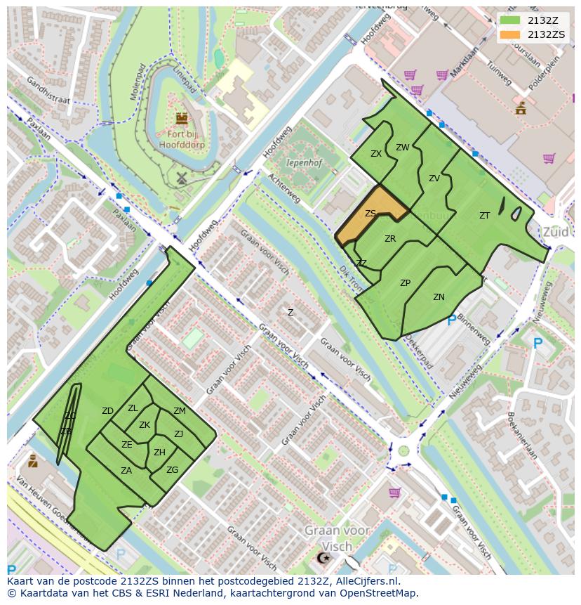 Afbeelding van het postcodegebied 2132 ZS op de kaart.