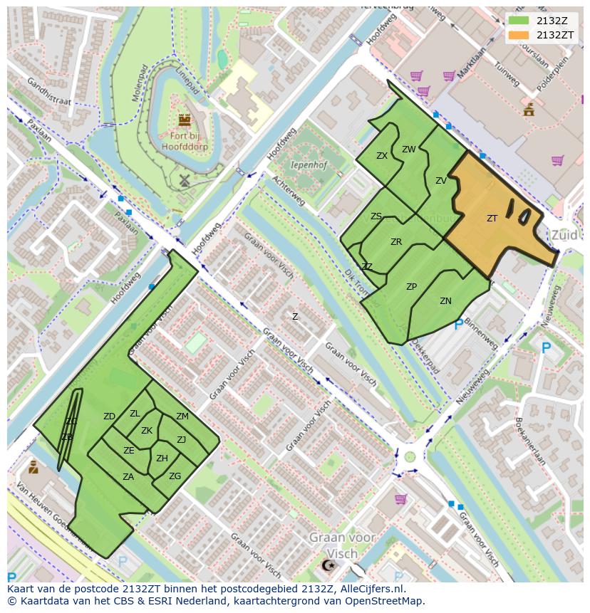 Afbeelding van het postcodegebied 2132 ZT op de kaart.