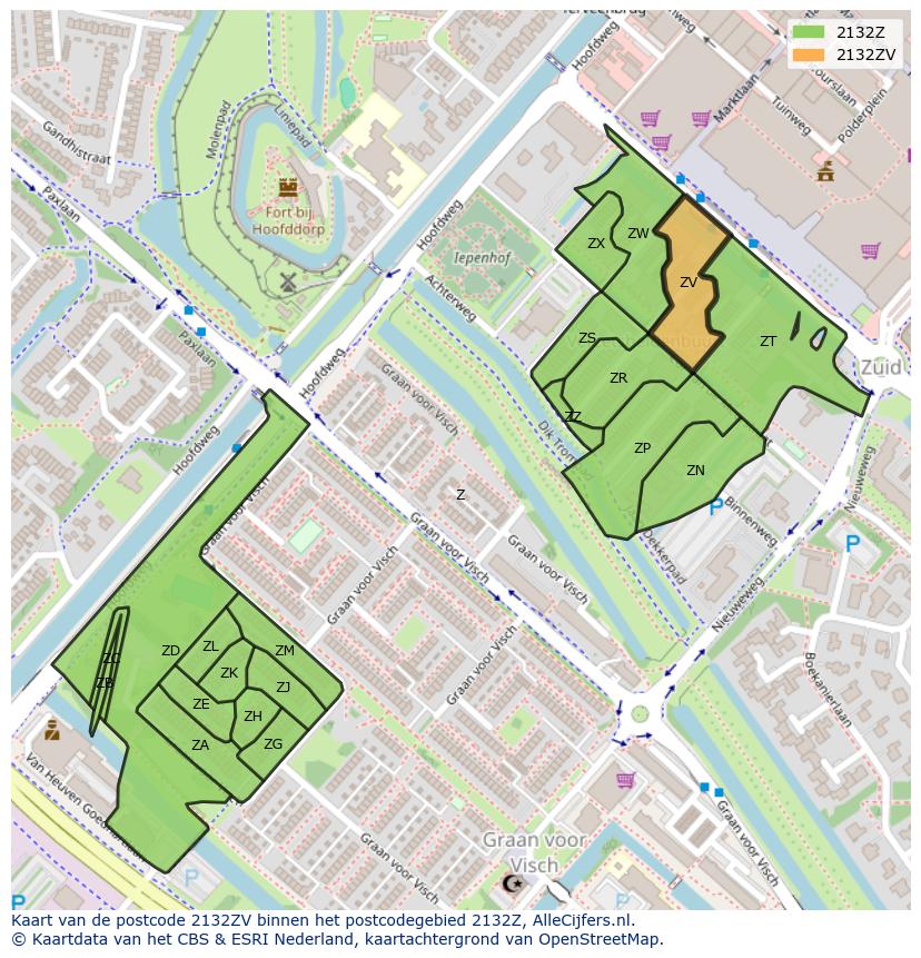 Afbeelding van het postcodegebied 2132 ZV op de kaart.