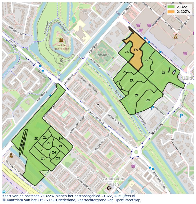 Afbeelding van het postcodegebied 2132 ZW op de kaart.