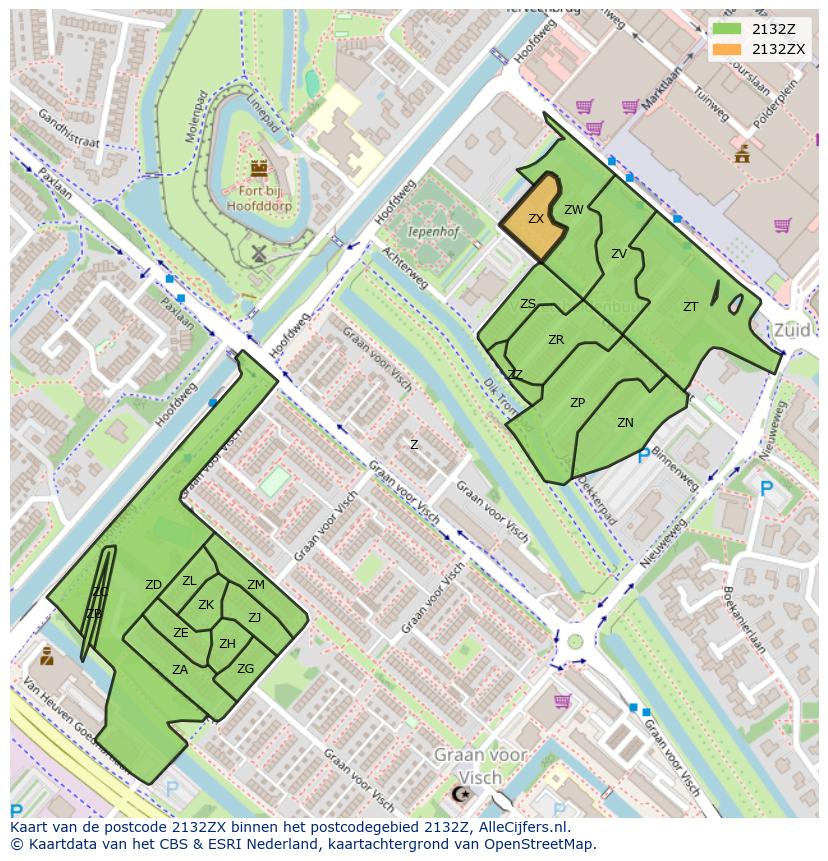 Afbeelding van het postcodegebied 2132 ZX op de kaart.