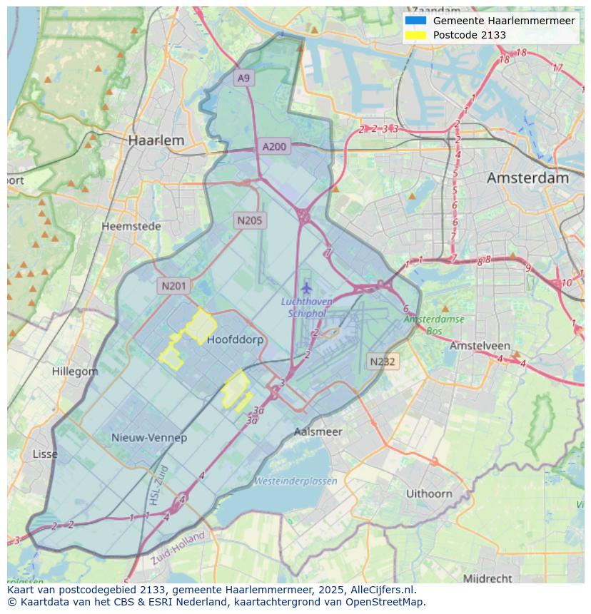 Afbeelding van het postcodegebied 2133 op de kaart.