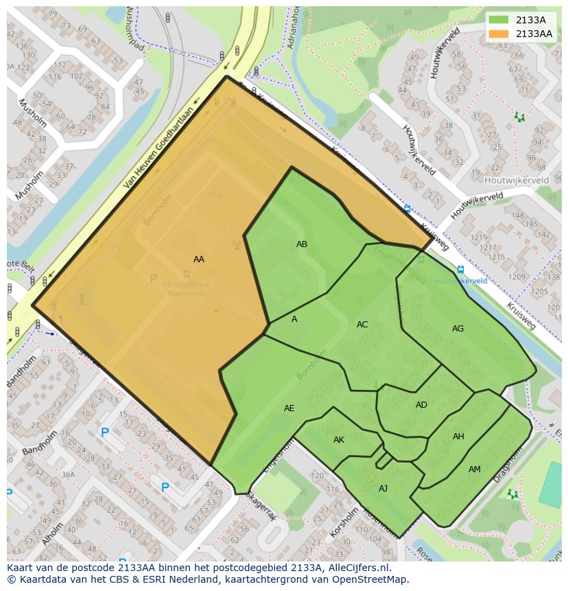 Afbeelding van het postcodegebied 2133 AA op de kaart.