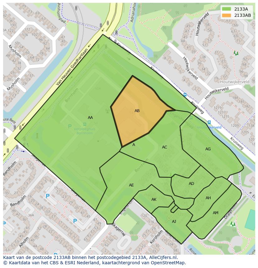 Afbeelding van het postcodegebied 2133 AB op de kaart.