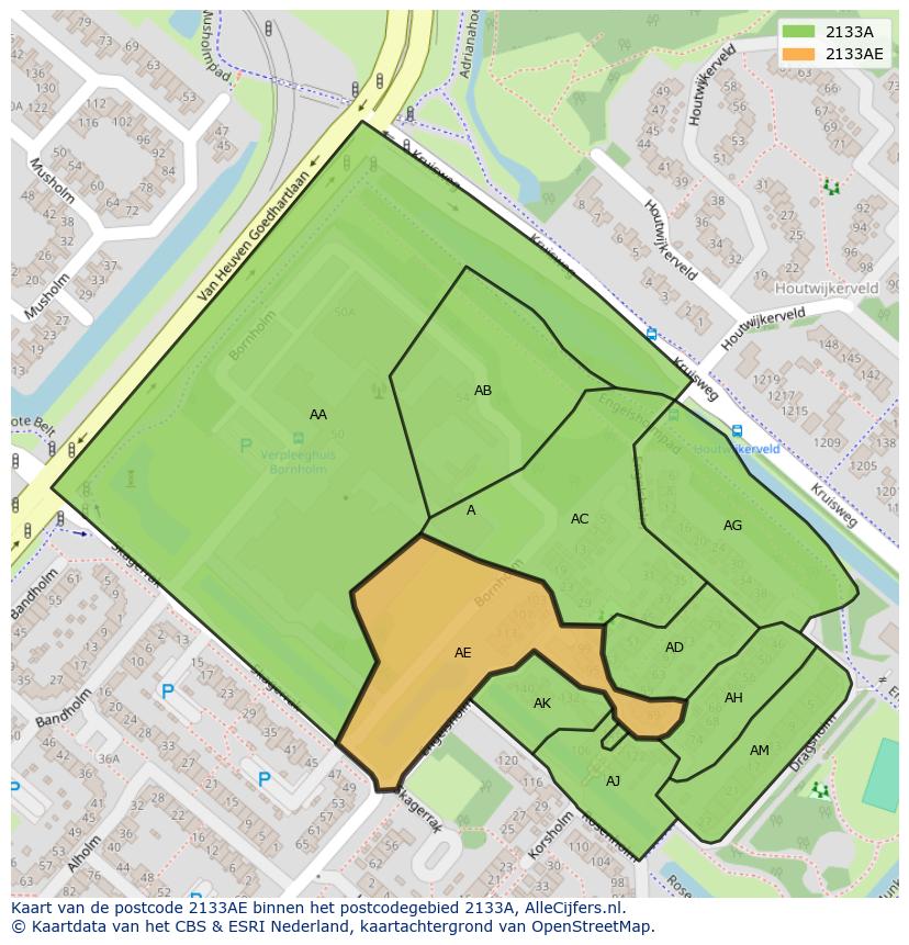 Afbeelding van het postcodegebied 2133 AE op de kaart.