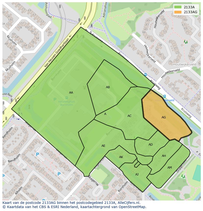 Afbeelding van het postcodegebied 2133 AG op de kaart.