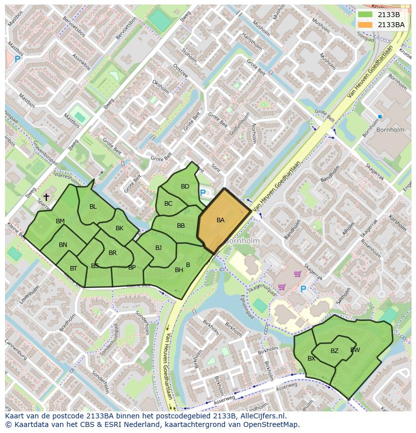 Afbeelding van het postcodegebied 2133 BA op de kaart.