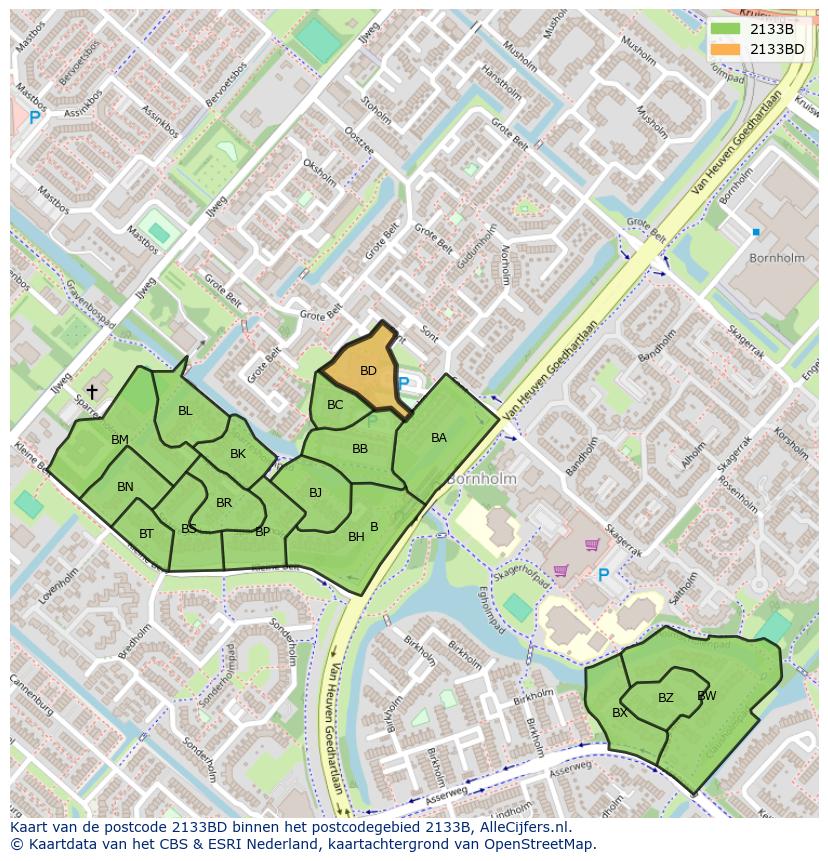 Afbeelding van het postcodegebied 2133 BD op de kaart.