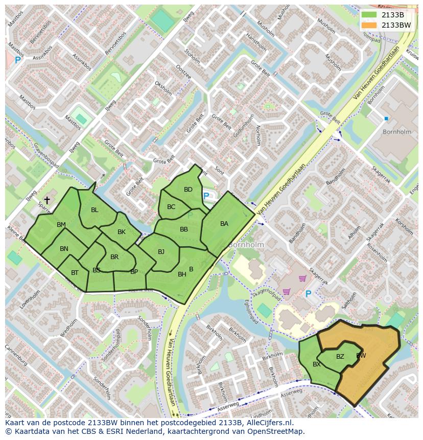Afbeelding van het postcodegebied 2133 BW op de kaart.