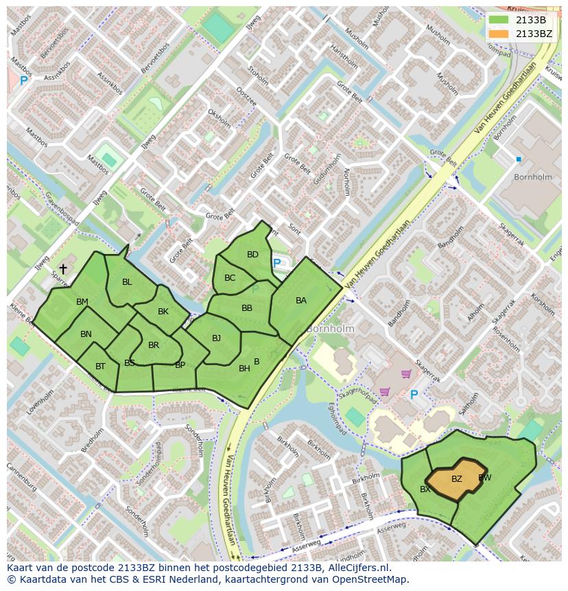 Afbeelding van het postcodegebied 2133 BZ op de kaart.