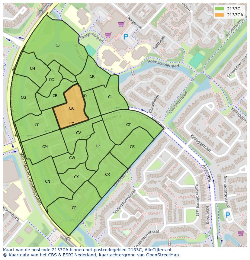 Afbeelding van het postcodegebied 2133 CA op de kaart.