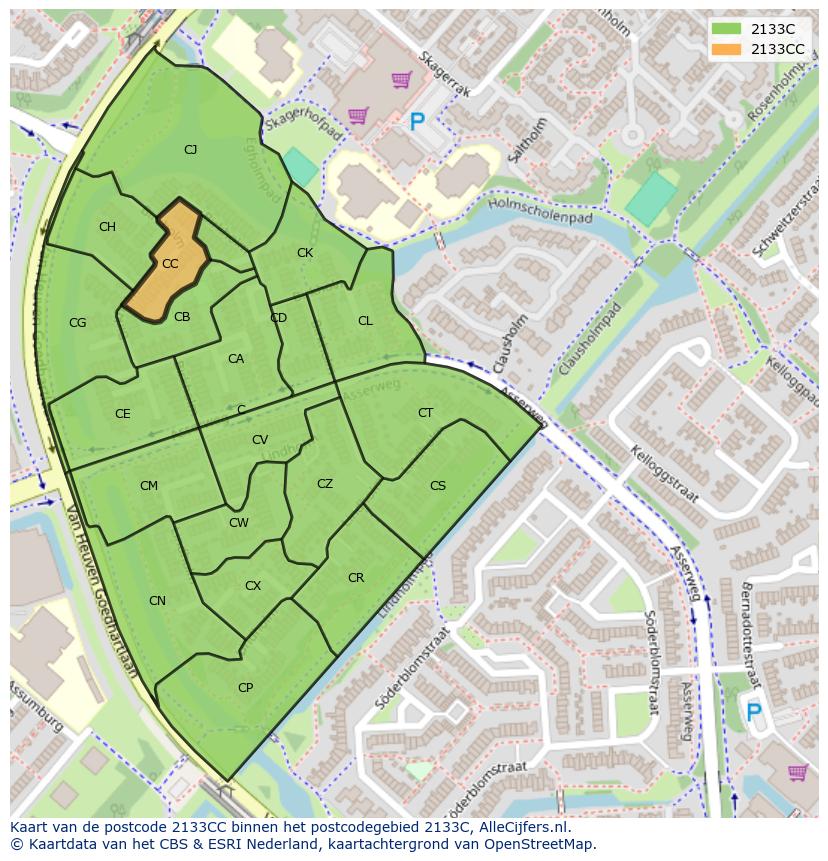 Afbeelding van het postcodegebied 2133 CC op de kaart.