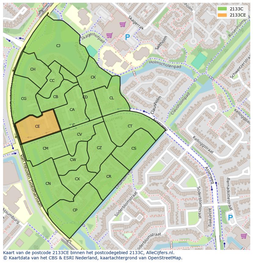 Afbeelding van het postcodegebied 2133 CE op de kaart.