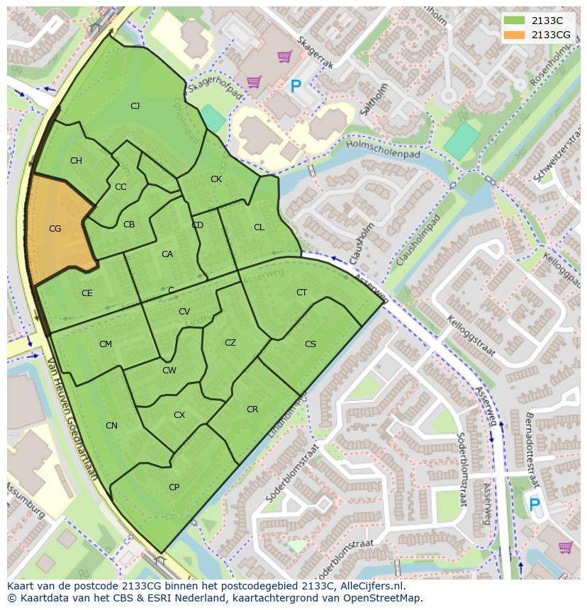 Afbeelding van het postcodegebied 2133 CG op de kaart.