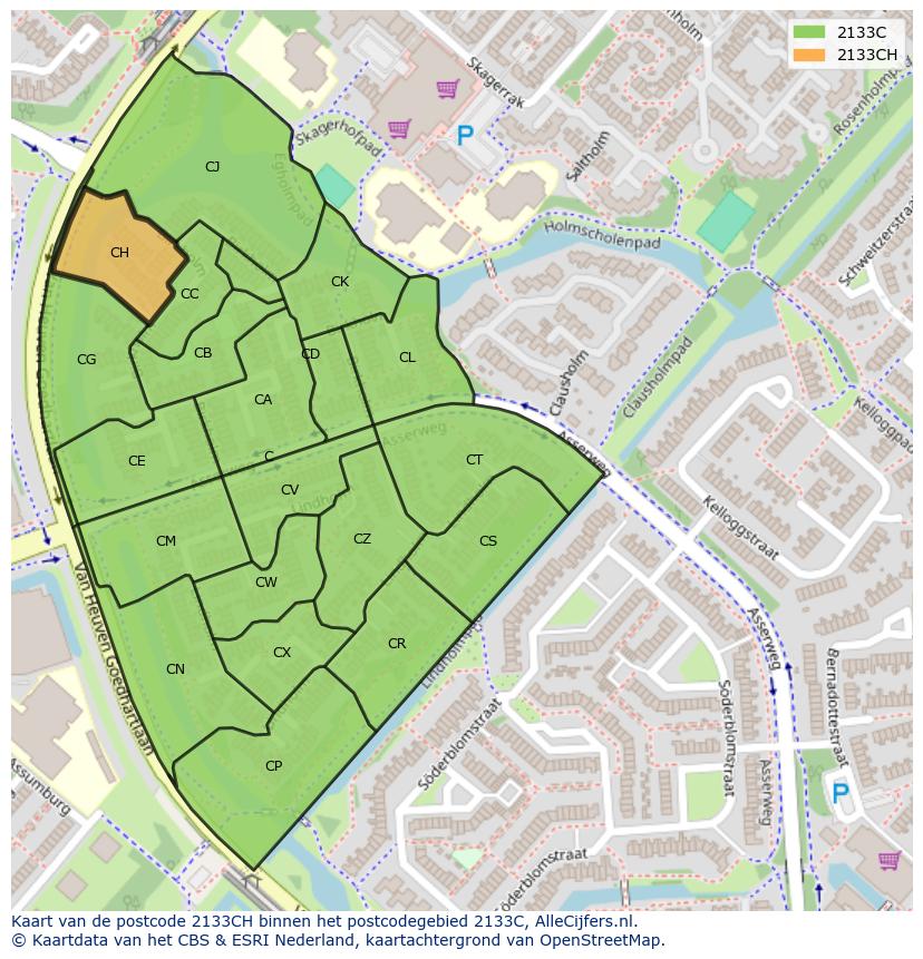 Afbeelding van het postcodegebied 2133 CH op de kaart.