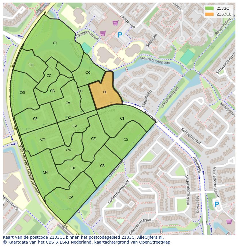 Afbeelding van het postcodegebied 2133 CL op de kaart.