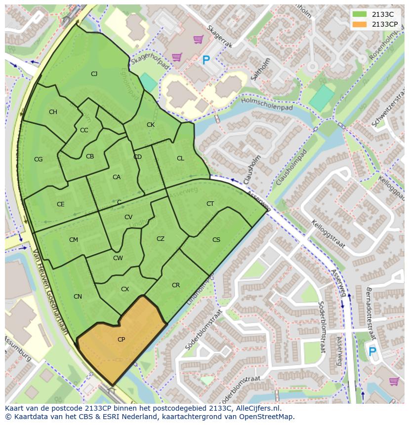 Afbeelding van het postcodegebied 2133 CP op de kaart.